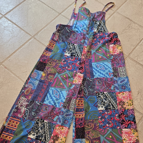 Bright Geo-patch Overalls Jumpsuit L Wide Leg New - Picture 3 of 4